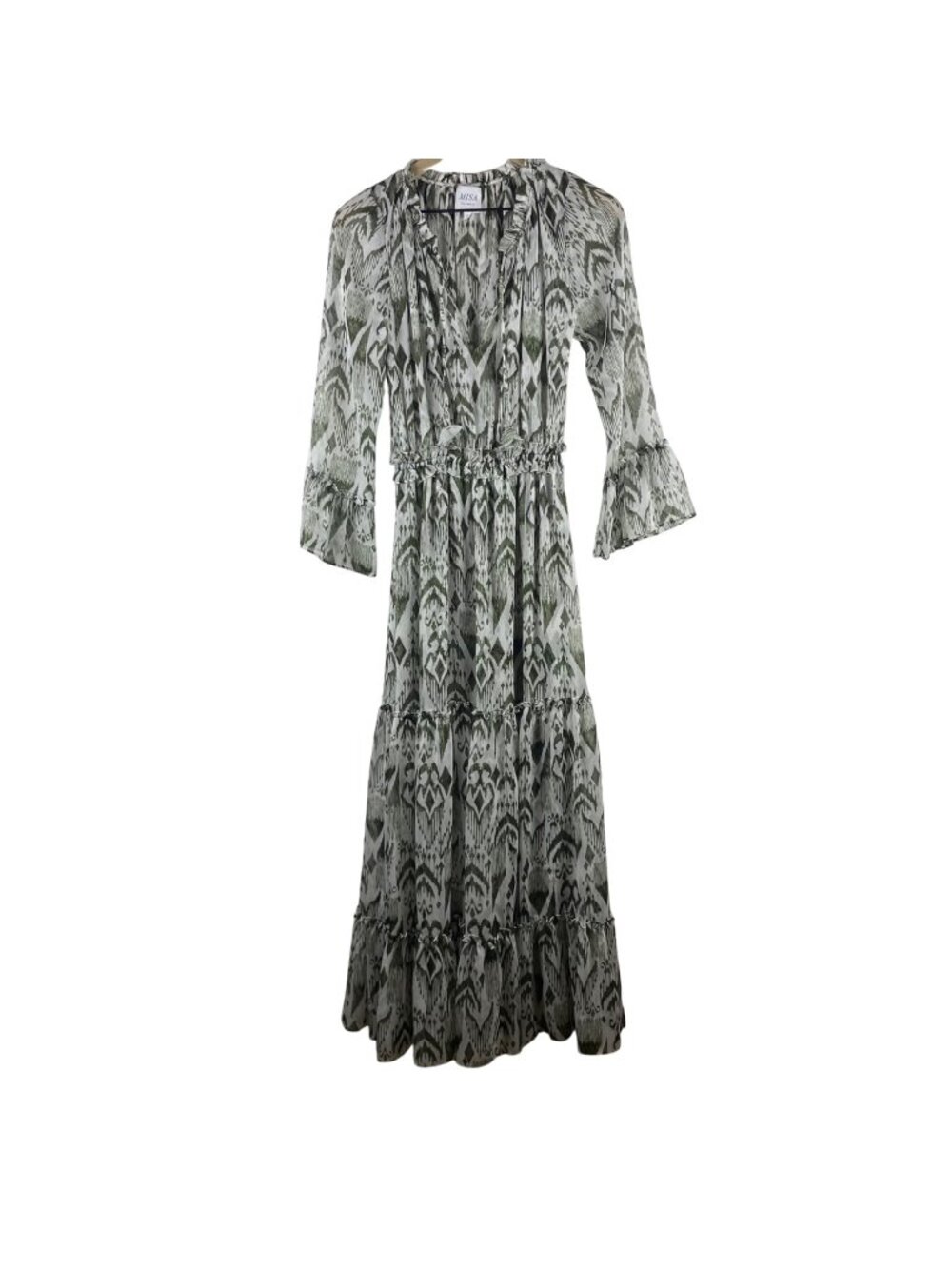 MISA Los Angeles Hadeya Green White Ikat Print Tiered Midi Dress Ruffles Small - Picture 1 of 13